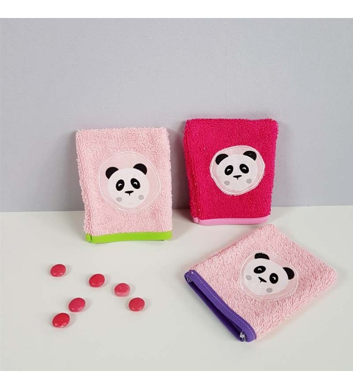 Gant de toilette bébé rigolo - Trois Gants éponge Panda Rose - CréaFlo